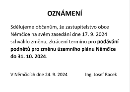 Zkrácení termínu podávání podnětů pro změnu Územního plánu Němčice