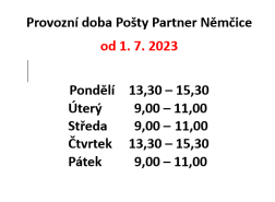 Provozní doba Pošty Partner Němčice 1. 7. 2023